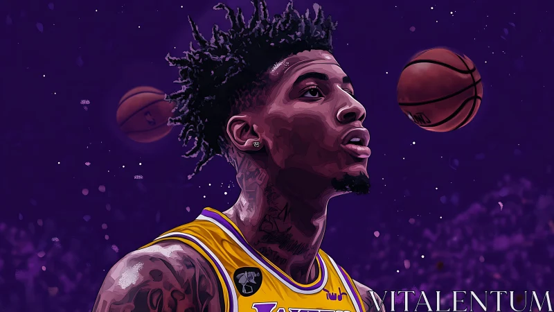 Purple digital portrait of basketball player in yellow jersey.