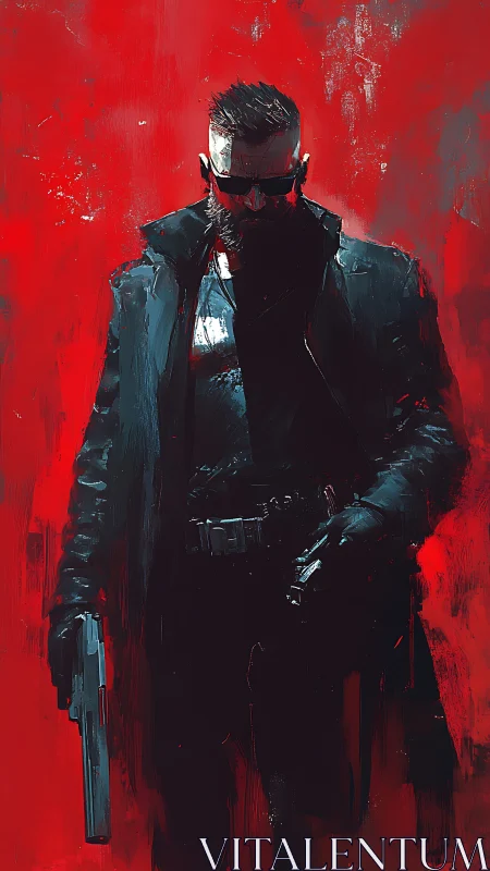 Shadow gunman strides through a storm of crimson fury.