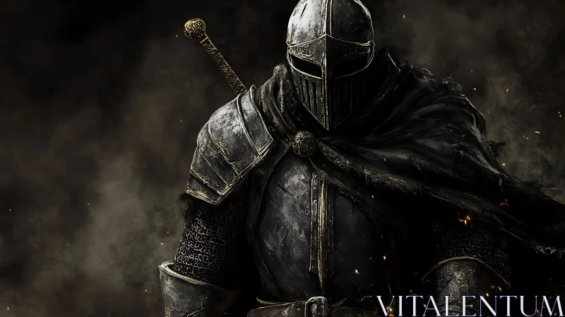 Midnight knight standing strong in swirling embers and shadow.