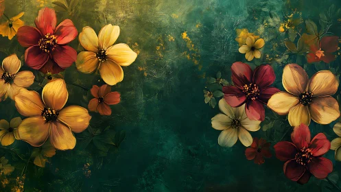 Vibrant Cosmos Blooms Against Weathered Green Canvas.