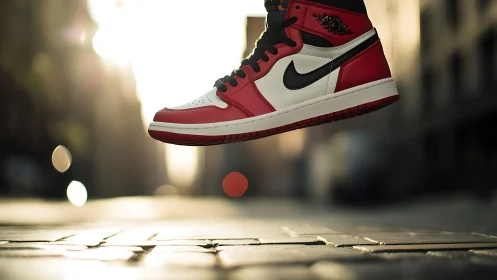 Red and white basketball shoe suspended above urban street