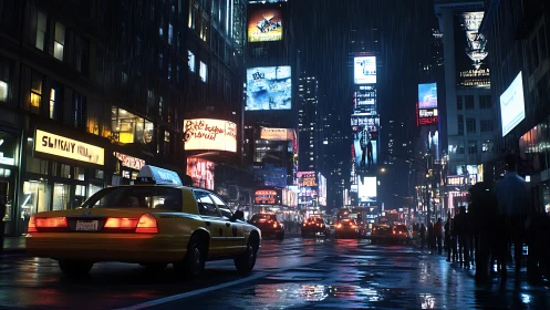 Rain-slicked neon avenue with taxis under luminous billboards.