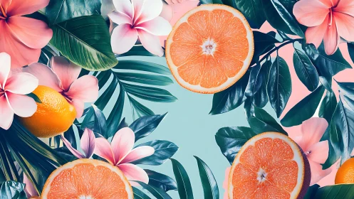 Citrus slices and plumeria blooms in lush tropical collage.