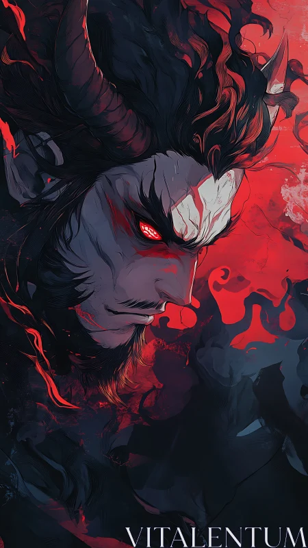 Demonic horned warrior portrait in red and dark shadows.