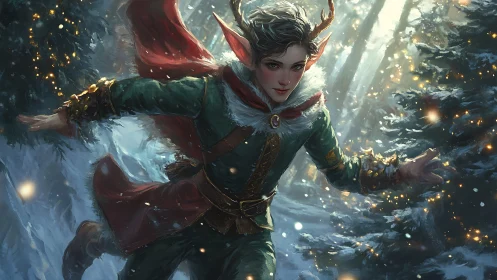 Winter forest elf dashing through snow with luminous magic