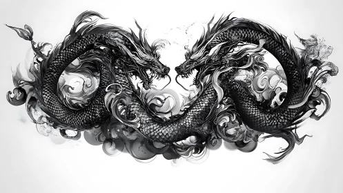 Twin ink dragons swirling in a storm of smoke and light.