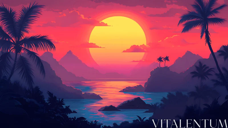Tropical island coastline under stylized sunset sky.