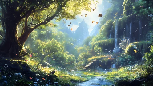 Enchanted Forest Valley with Cascading Waterfall.