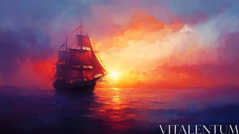 Chromatic clipper silhouette against luminant maritime sunset.