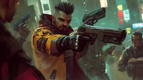 Cyberpunk gunman leading neon-soaked urban standoff.