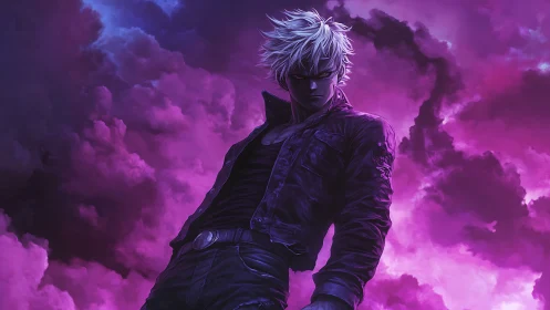 White haired figure in dark clothing before violet clouds.