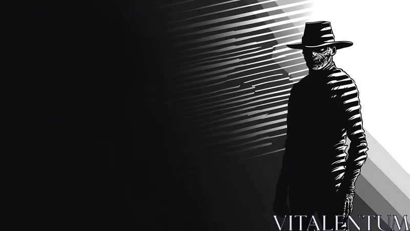 Shadow-slashed drifter stalks the razor edge of light and dark.