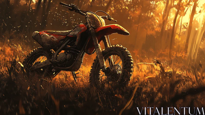 Dusty red dirt bike at golden hour in hazy forest glow.