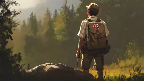 Young hiker pausing in golden forest light, ready to explore.