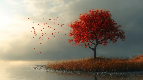 Lone red autumn tree by water in dreamy, atmospheric landscape.