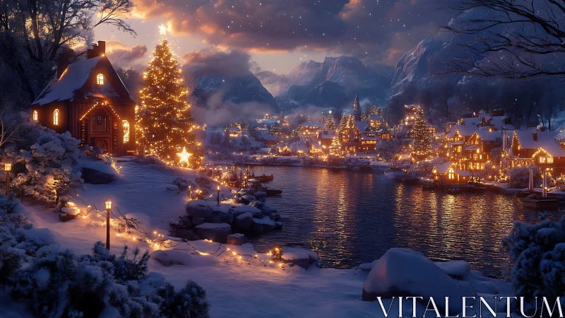 Snowy lakeside Christmas village glowing with warm lights.