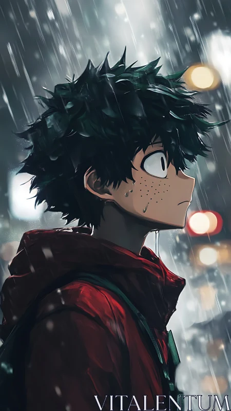 Rain-soaked anime boy in city lights, contemplative gaze.
