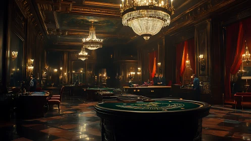 Grand casino hall glows beneath opulent crystal chandeliers