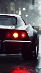 Rear classic sports car under rain with reflective wet asphalt