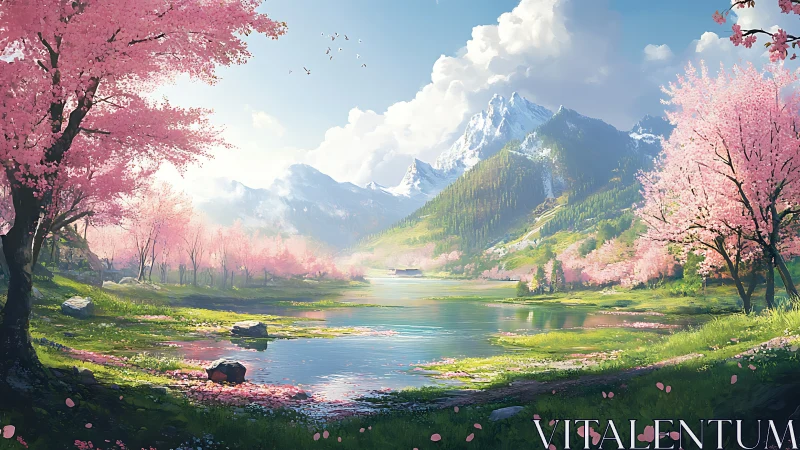 Mountain lake reflects snowy peaks and pink blossom trees