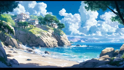 Clifftop villas overlook sunlit turquoise cove and surf