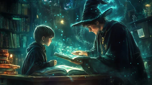 Wizard mentor instructs young apprentice over glowing tome