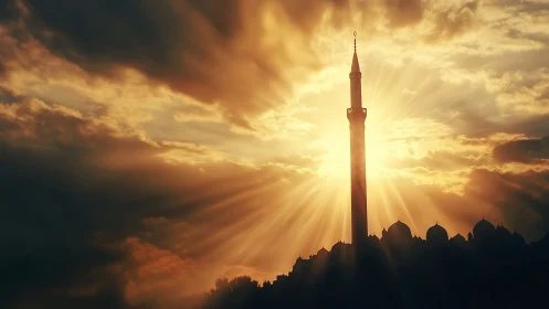 Golden dusk over minaret and softly glowing skyline.