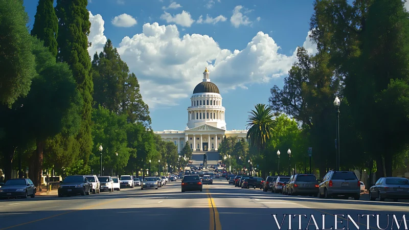Capitol building framed by tree lined boulevard in daylight.