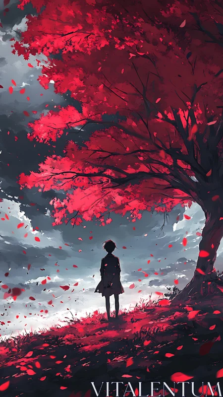 Solitary figure under crimson tree on stormy hillside.