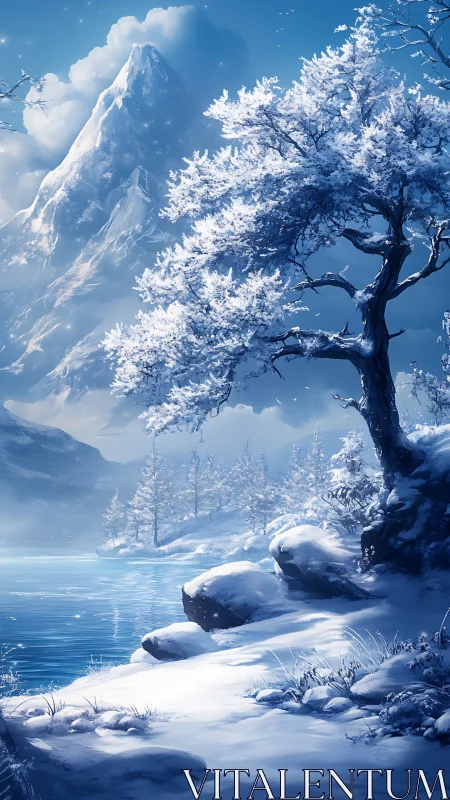 Snow-laden tree watches over a tranquil sapphire winter lake