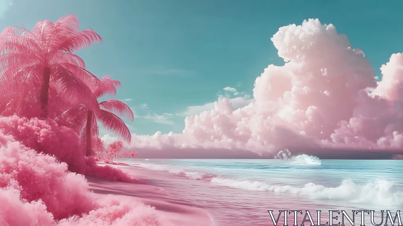 Surreal Tropical Beach with Pink Palm Trees and Cotton Candy Clouds.