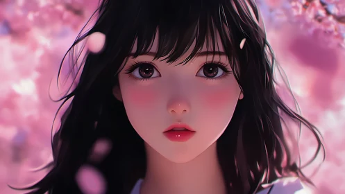 Pink bokeh portrait of dark haired girl under blossoms.