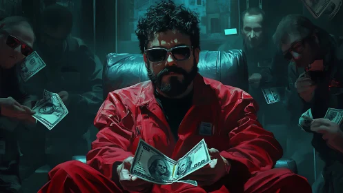 Man in red jumpsuit handling cash in dim interior setting.