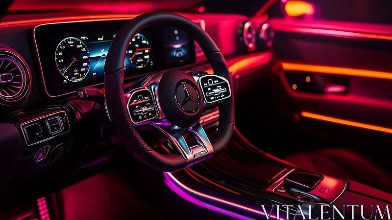 Neon-lit Mercedes cockpit with digital cluster and AMG steering wheel