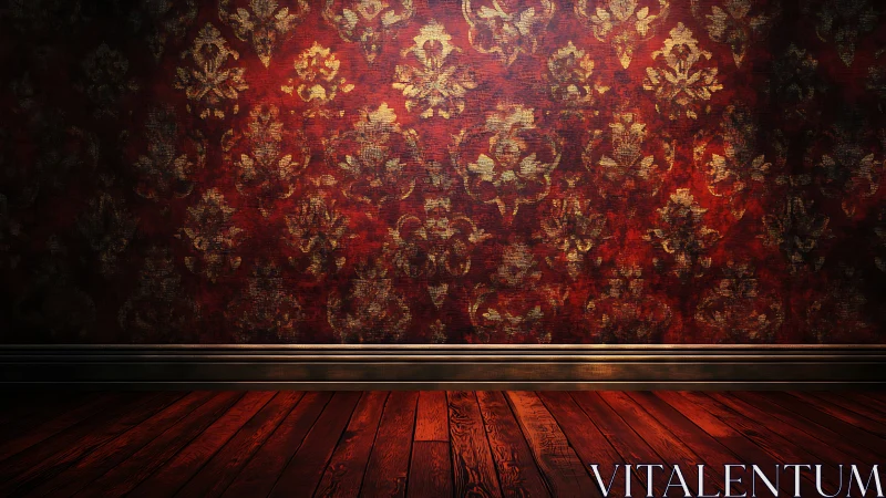 Vintage damask wall with warm hardwood floor baseboard.