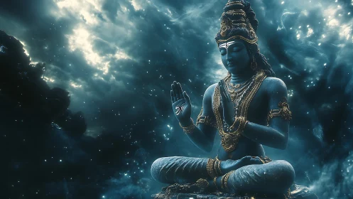 Blue meditative deity statue in cosmic swirling space.