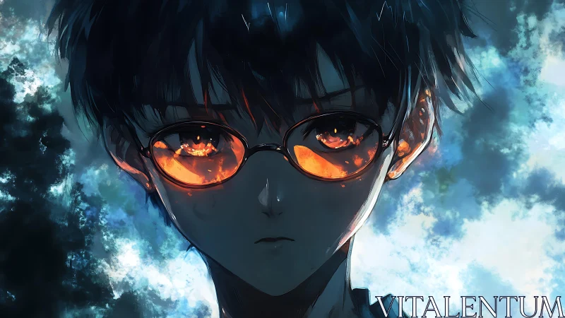 Backlit anime portrait shows reflective glasses with internal fire glow