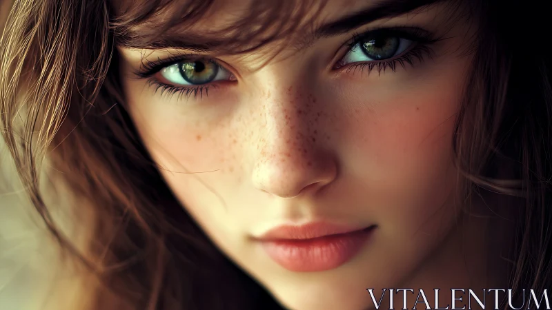 Close-up portrait of young freckled face with green eyes.