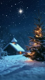 Snowlit Christmas tree glowing softly beneath winter stars.