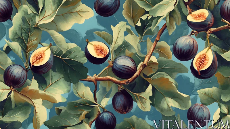 Digital fig branch pattern with lush teal foliage background.
