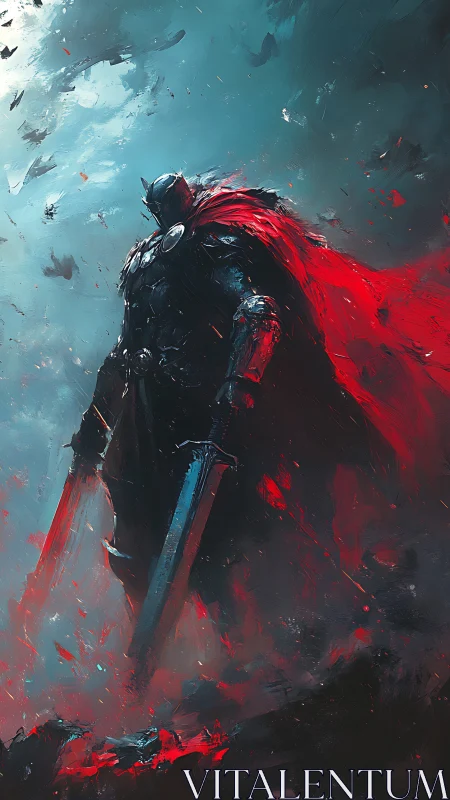 Armored warrior with red cape holding twin swords in storm