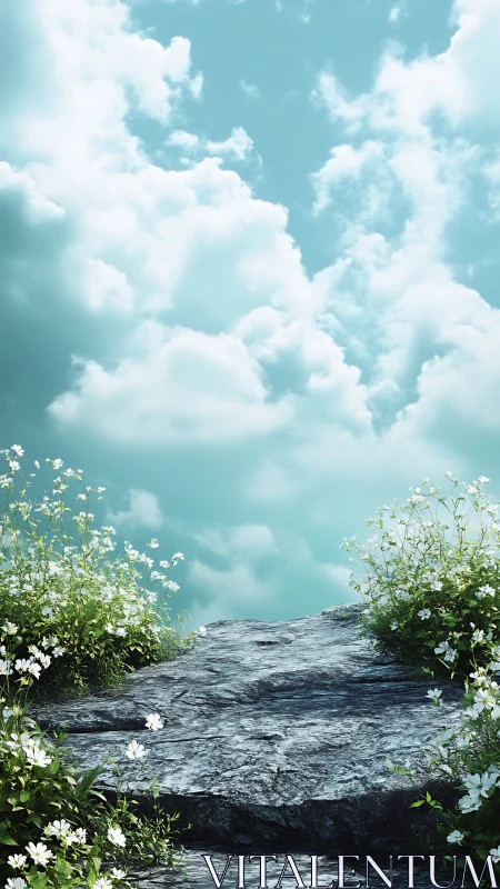 Rocky floral pathway leading toward luminous cloudscape sky.