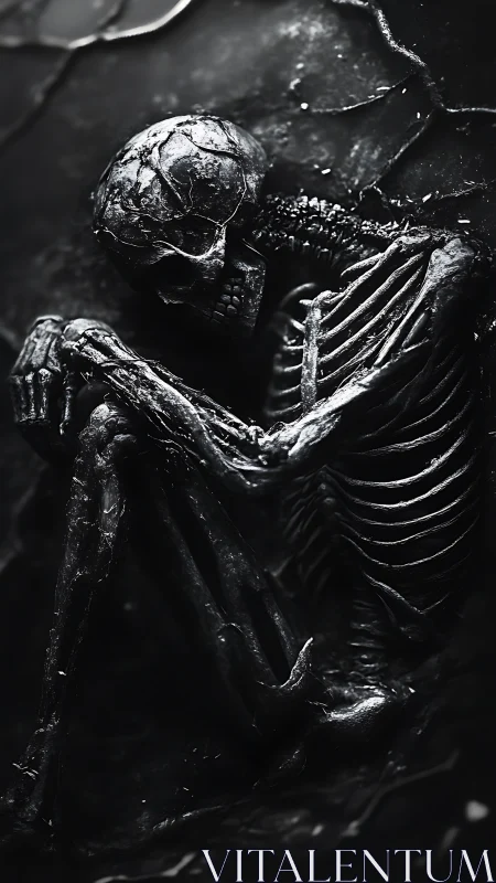 Dark skeletal figure in curled seated position in shadowed void.