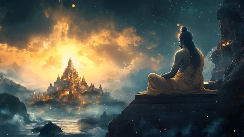 Meditative sage overlooking luminous celestial temple skyline.