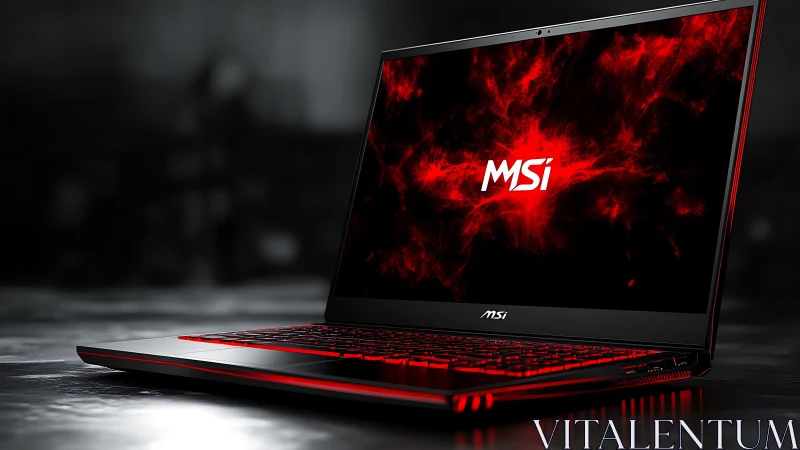 Photorealistic MSI gaming laptop with red luminous accents.