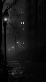 Dark foggy city street with wet cobblestones at night.