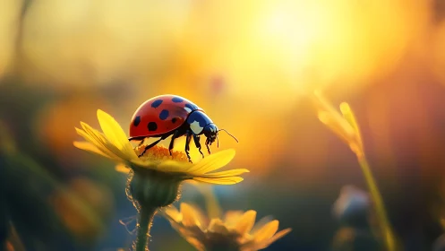 Ladybug on yellow flower in warm sunset backlight.
