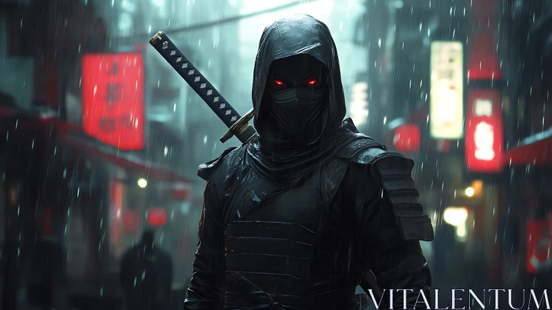 Cybernetic ninja waits in rainy neon alley, eyes glowing red