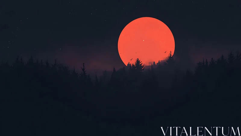 Crimson supermoon rising over silhouetted conifer forest canopy