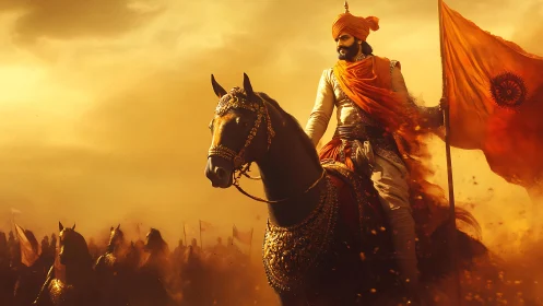 Mounted warrior with orange flag in dust-filled battlefield.